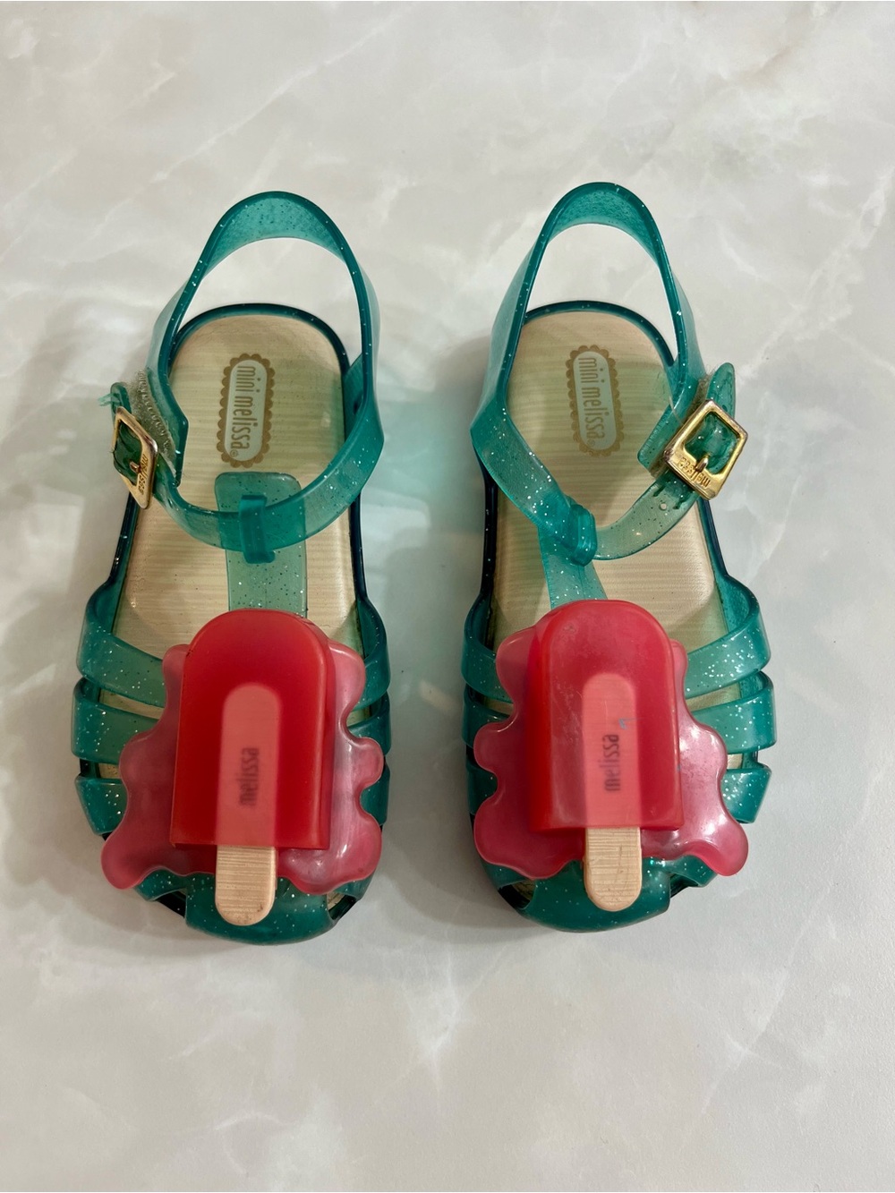 Mini Melissa Glittery Teal Picolé Popsicle Accent Sandals Girls Kids Shoes